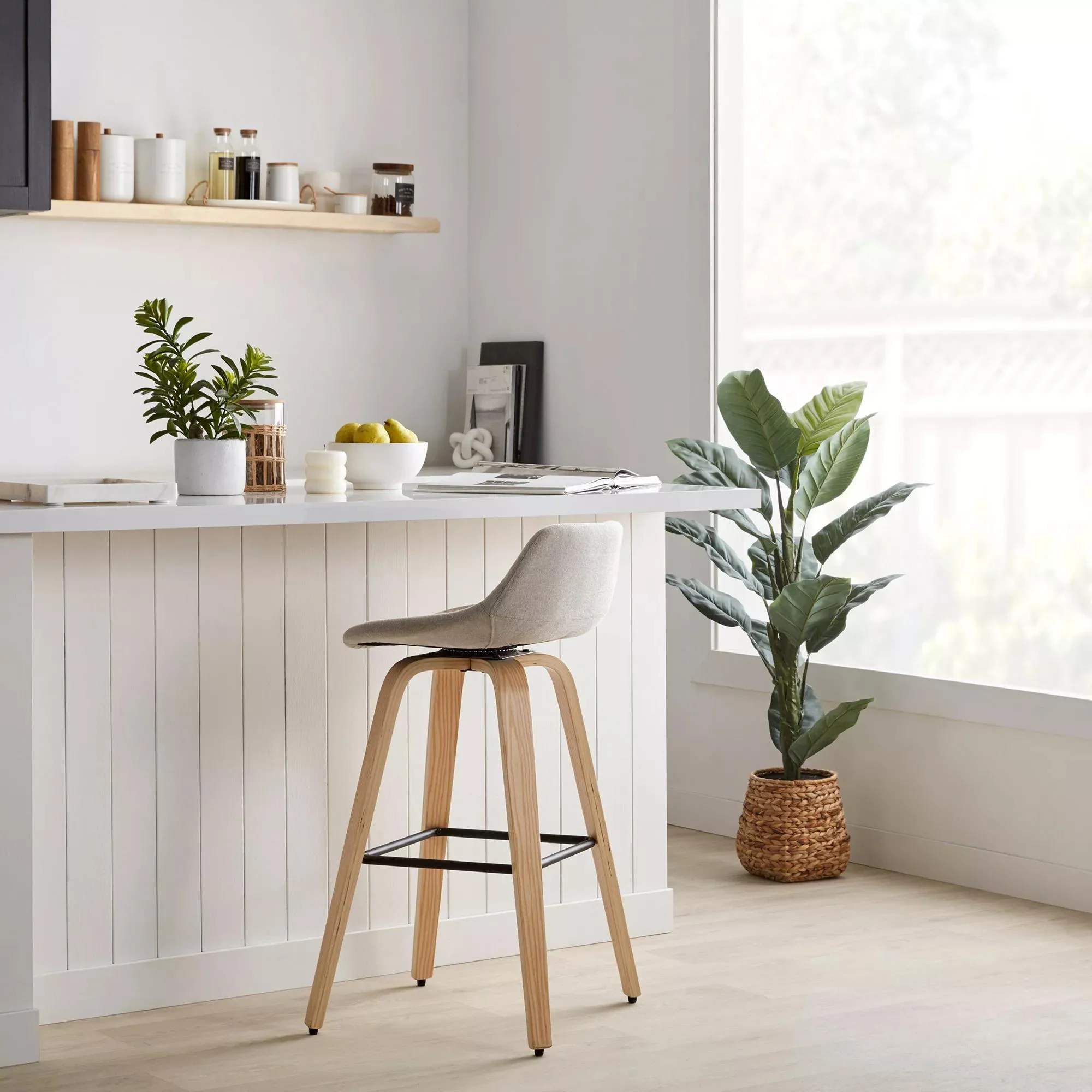 Fabric and Natural Wood Stool - Image 2