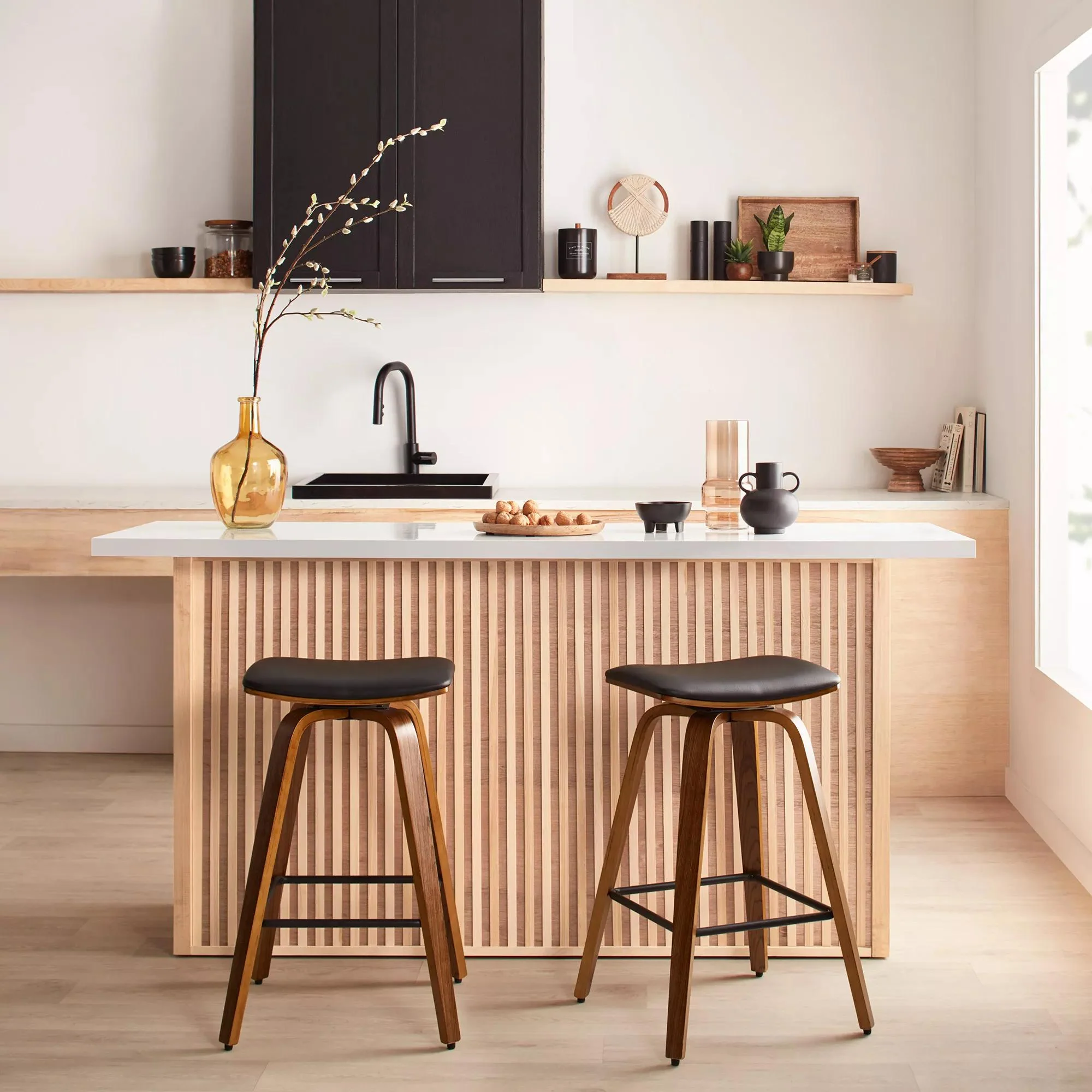 Faux Leather and Walnut Wood Backless Stool - Image 2