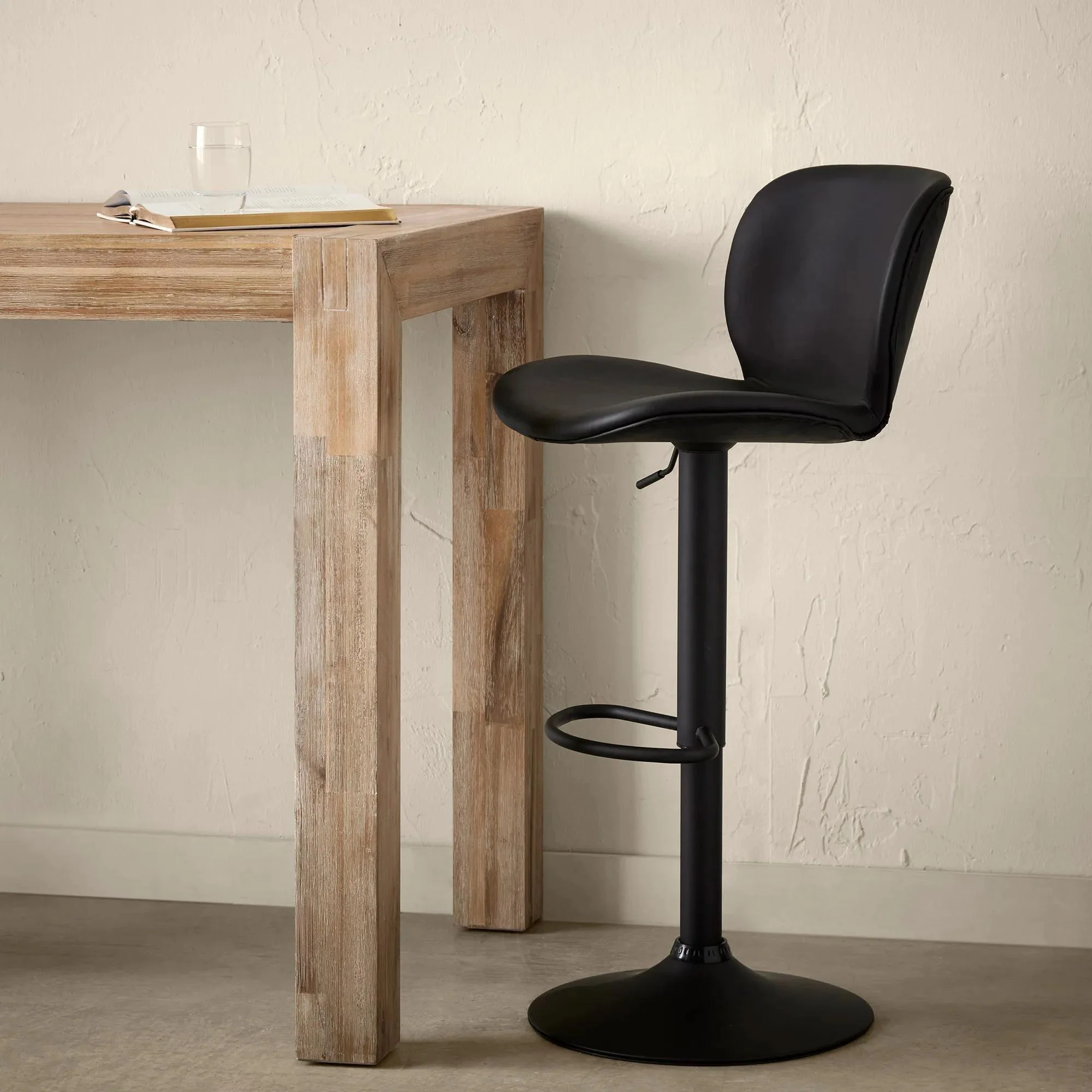 Black Textured Faux Leather & Metal Adjustable Bar Stool - Image 2